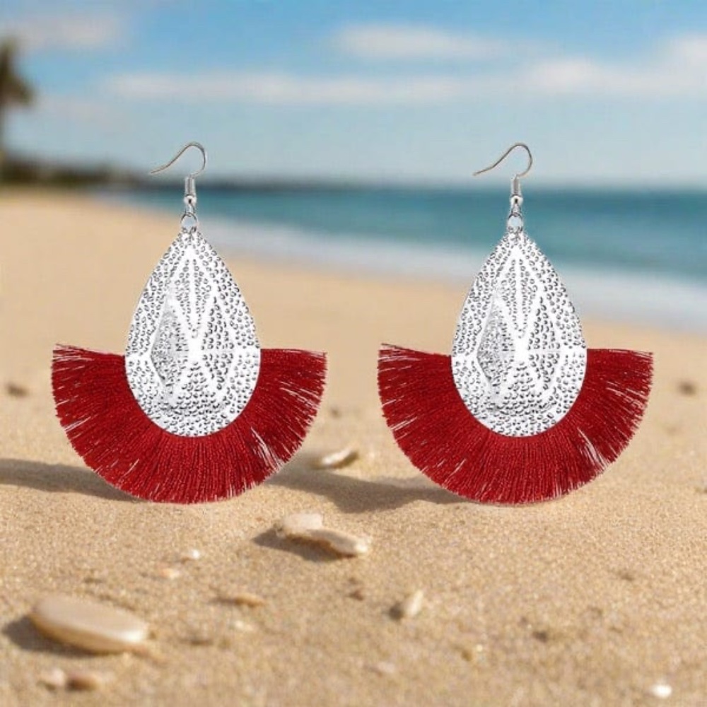 Womens Bohemia Fringe Red Silver Tone Dangle 4" Earrings